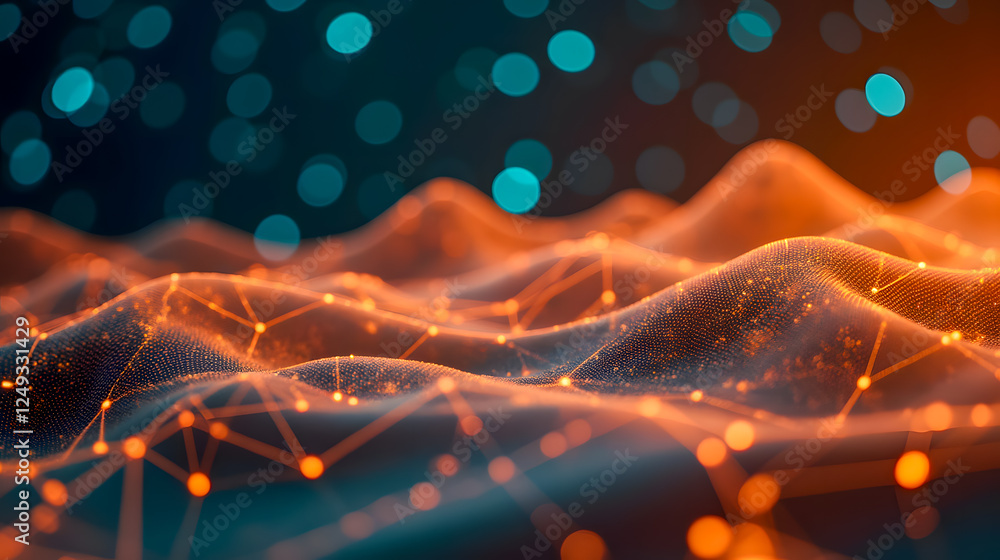 Poster abstract representation of waves and particles in vibrant colors reflecting modern technology and di