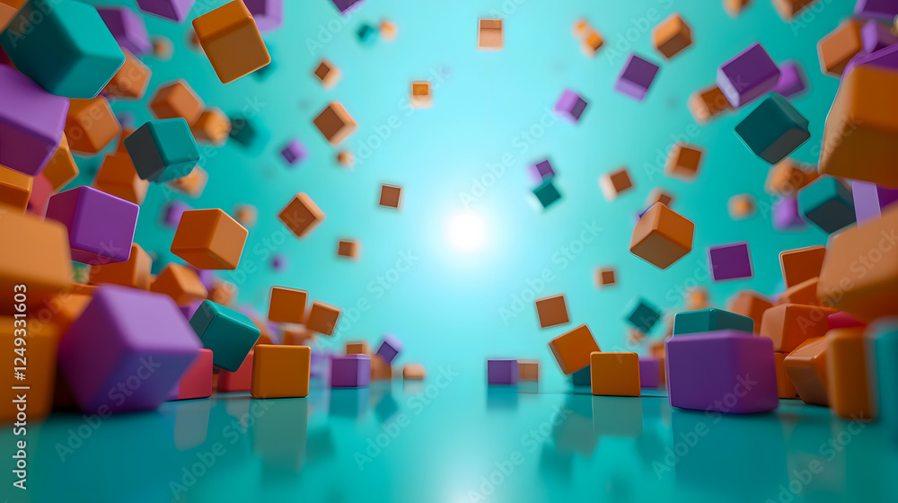 Poster vibrant colorful 3d cubes falling in a dynamic motion on a bright aqua background with soft lighting