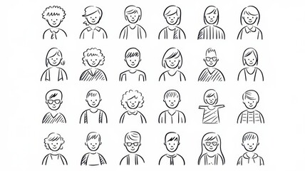 A diverse group of hand-drawn characters illustrating various young adults and teens, showcasing different hairstyles, expressions, and clothing styles.