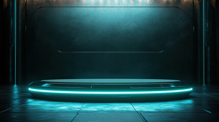 Futuristic pedestal glowing platform neon light dark room display platform product showcase sci fi empty stage modern elegant mysterious cool tech