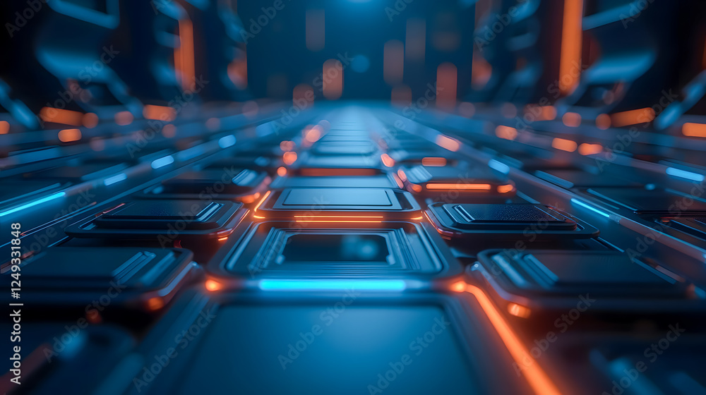 Poster futuristic corridor with glowing blue and orange lines and geometric shapes creating an abstract per