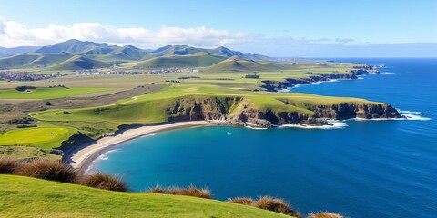 Panoramic view of a lush green coastal golf course overlooking the ocean with clear blue skies and rolling hills in the background, wonderful, beautiful, lush