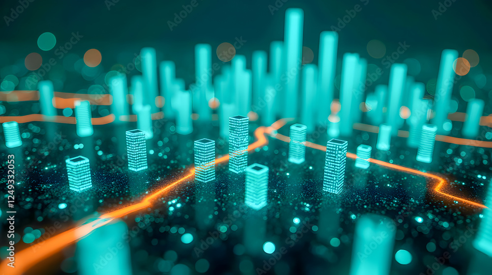 Aufkleber futuristic urban cityscape with neon lights and digital elements representing technology and data vi