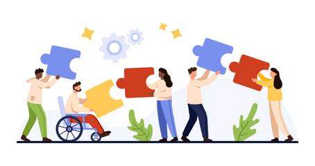 Business teamwork, corporate partnership success. Office team with inclusion of employees with disability holding puzzle pieces to connect and build strong community cartoon vector illustration