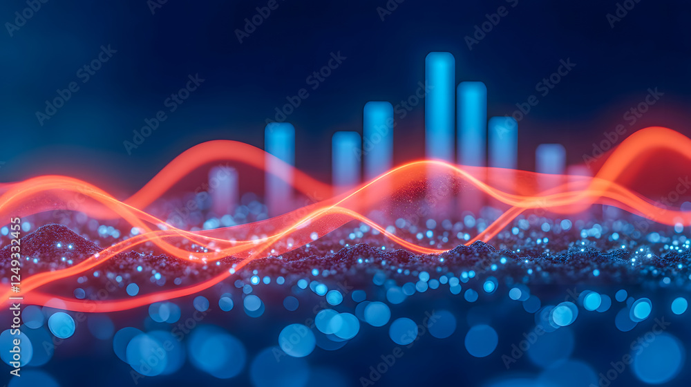 Poster abstract visualization of data flow and analytics showcasing vibrant wave patterns, glowing charts, 