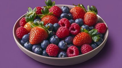 Obraz premium A vibrant bowl of mixed berries, strawberries, raspberries, and blueberries, placed on a solid purple background,