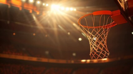 Exciting basketball game under bright arena lights with a focus on the hoop and net