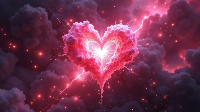 A vibrant pink explosion of stars and matter in space with a heart-shaped shockwave and trails of particles.