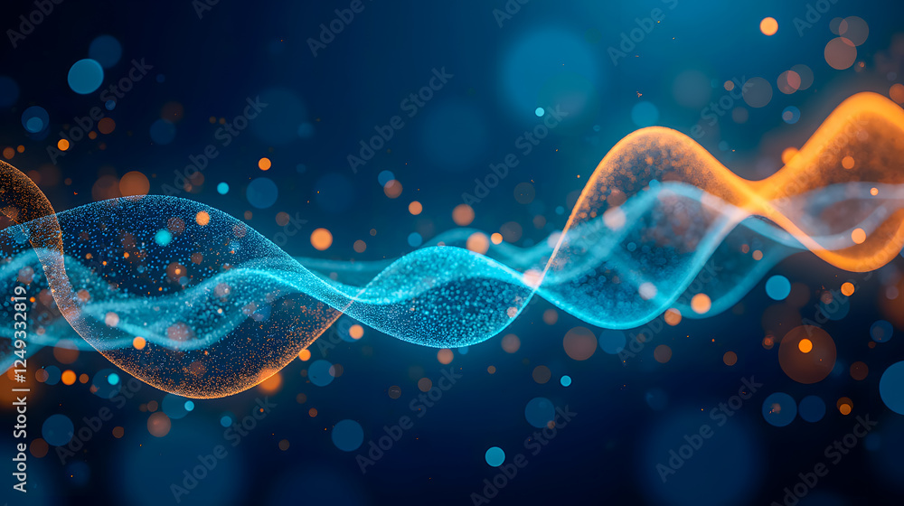 Poster abstract vibrant wave with glowing particles in blue and orange tones creating a dynamic and mesmeri