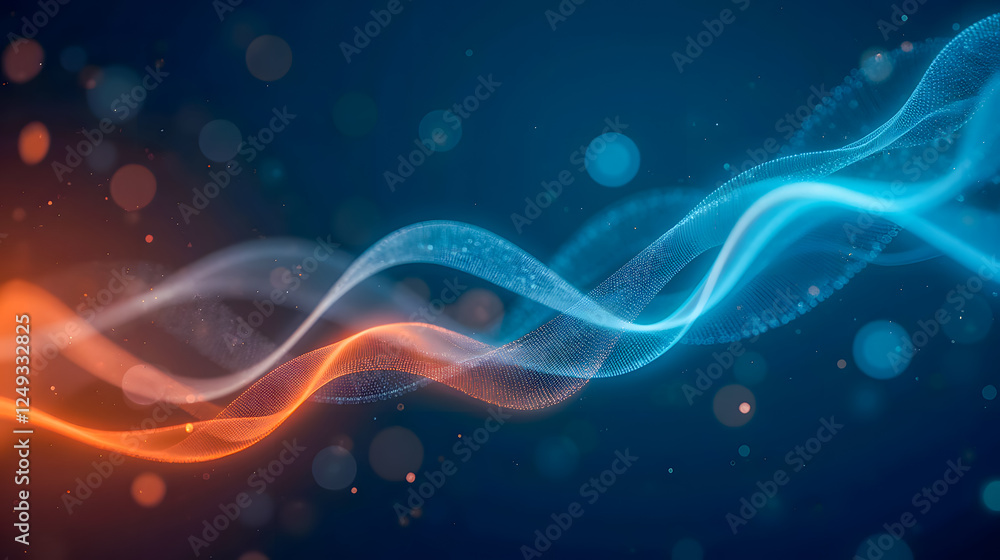  abstract wave patterns in blue and orange tones with soft glows and bokeh effects creating a dynamic
