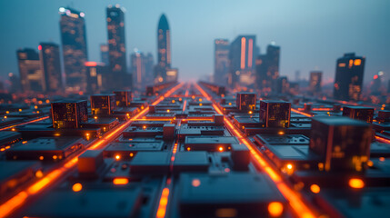 Obraz premium Futuristic Cityscape with Neon Lights Depicting a Complex Digital Landscape Surrounded by Skyscrapers in Twilight Glow