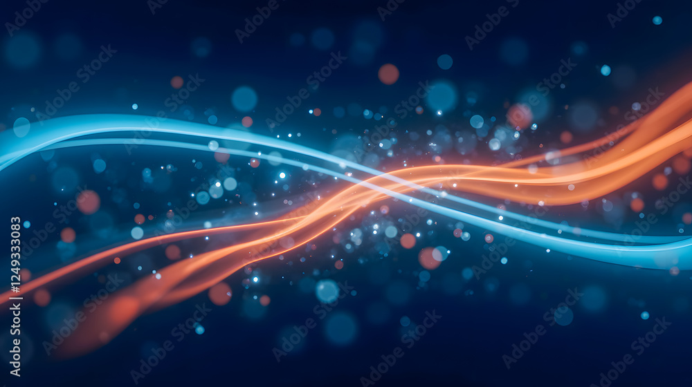 Poster abstract light waves in blue and orange colors creating a dynamic and vibrant background with bokeh 
