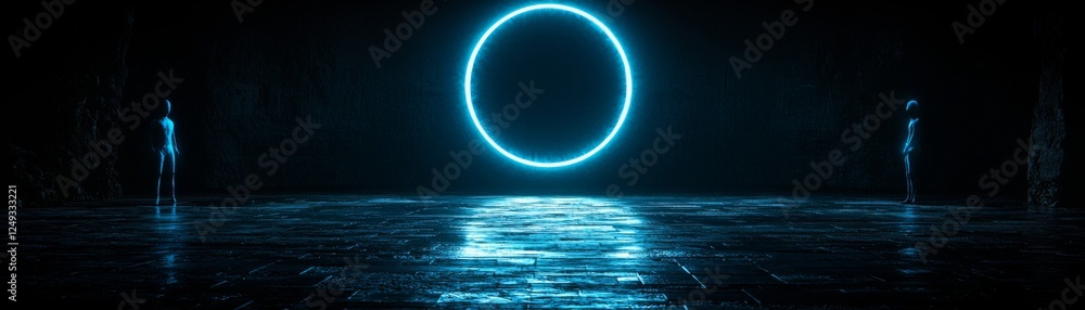 Poster a glowing blue circle illuminates a dark, reflective space, creating a mysterious atmosphere with tw