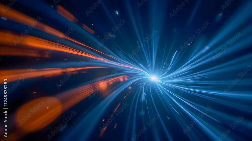 Poster abstract energy burst with blue and orange rays creating a dynamic depth effect for science fiction 
