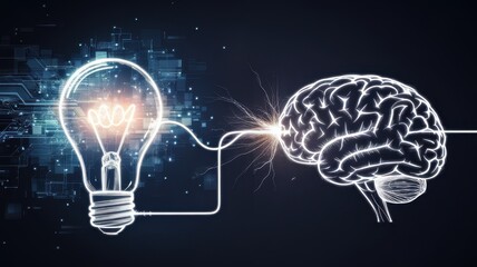 A glowing light bulb connected to a stylized brain, symbolizing the fusion of creativity and intelligence. A modern digital backdrop enhances the concept.