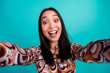Photo portrait of pretty young girl excited take selfie photo wear stylish colorful clothes...