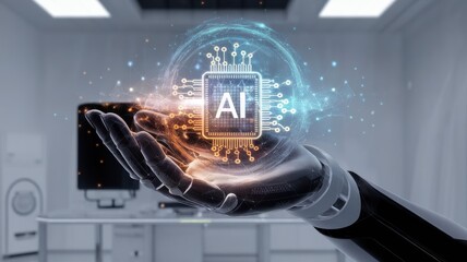A futuristic robotic hand displaying a glowing AI chip, symbolizing advanced technology and innovation in artificial intelligence.