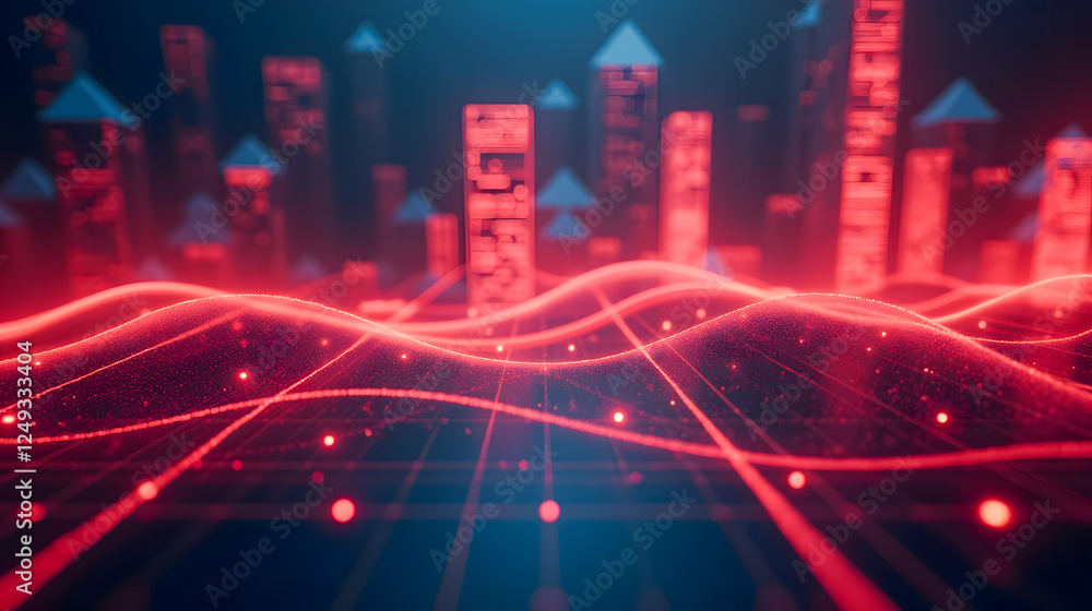 Poster futuristic digital landscape with glowing waves and abstract buildings showcasing technology, data v