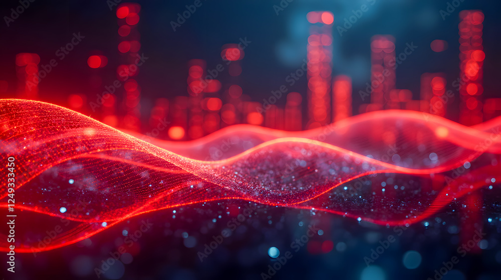 Poster abstract red waves with glowing particles creating a futuristic digital landscape resembling sound w