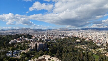 View of the city and the park with a rock. Greece, Athens