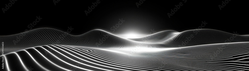 Poster a mesmerizing digital landscape featuring undulating waves of light and shadow, creating an abstract