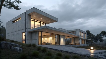 Obraz premium A brutalist Zen-inspired house at twilight, soft glowing interior lights contrast with cool concrete.