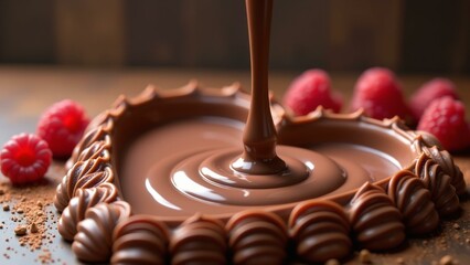 A rich, velvety chocolate fountain flows into a heart-shaped pool with raspberry swirls.