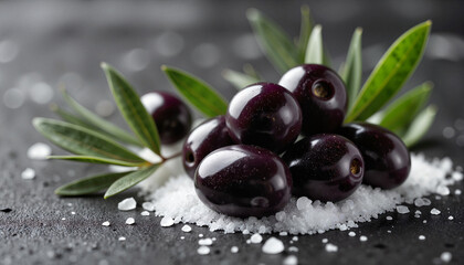 Kalamata olives elegantly arranged with olive leaves and sea salt, culinary art