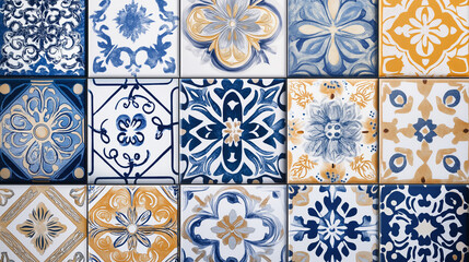 A close-up of Arabic geometric patterns on decorative tiles, featuring intricate interlacing shapes in vibrant blue, gold, and white tones, showcasing traditional craftsmanship.