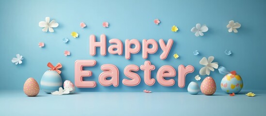 Festive easter design with colorful eggs and happy easter wishes on blue background