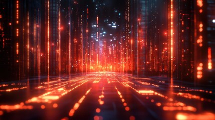 Futuristic city data stream, glowing red, night