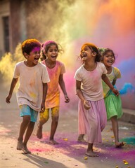 Children covered in colored powder during the festival of Holi. Happy cute Asian kids celebrate Indian holi festival