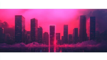 Technology of 5G: Wireless communication and streaming. Futuristic cityscape with vibrant pink and purple hues at dusk.