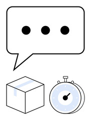 Speech bubble with ellipsis, packaged box, and stopwatch symbolize communication, delivery, and time efficiency. Ideal for shipping, logistics, management, deadlines teamwork productivity abstract