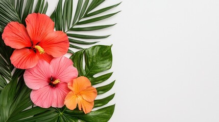 A vibrant display of hibiscus flowers surrounded by lush green leaves, perfect for tropical-themed designs and nature enthusiasts.