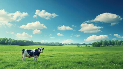 A black and white cow is standing in a lush green field