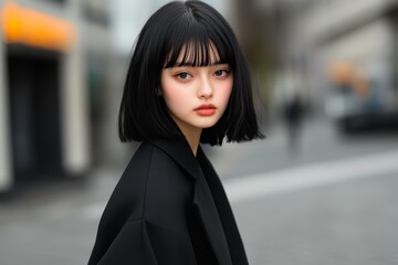Obraz premium Elegant young woman with black bob hairstyle poses confidently on urban street during daytime in a modern city