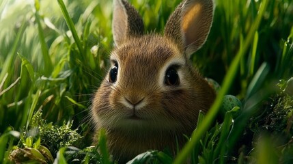 Fototapeta premium Brown Rabbit Hiding in Green Grass with Painted Eggs Close Up View in Natural Environment.