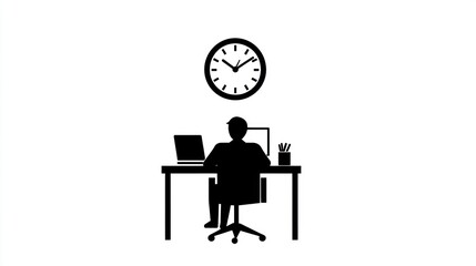 Silhouette of person working at desk with clock. Office scene. Possible stock photo use
