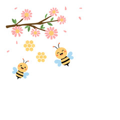 Tree branch with pink flower and bee cartoons icon sign isolated on white background vector.