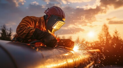 Fototapeta premium A man in a red helmet is working on a pipe