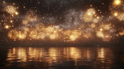 Stunning Fireworks Display Over Calm Water at Night Sky