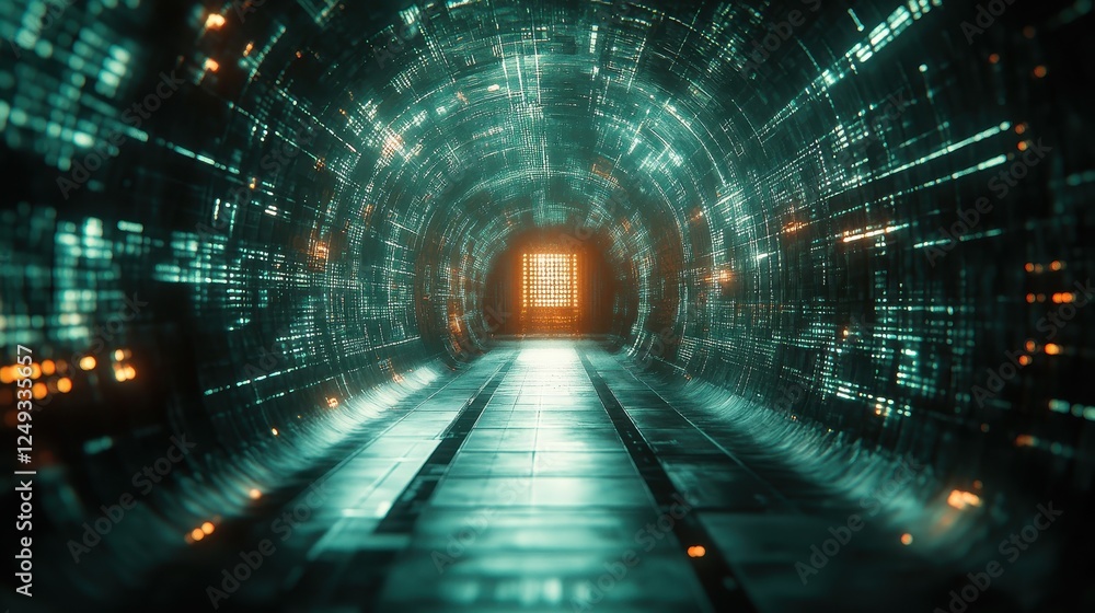 Poster futuristic data tunnel, glowing path, digital code walls, bright exit