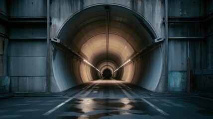 A dramatic view of a dimly lit tunnel, showcasing its circular entrance and reflective wet floor, creating a moody atmosphere.