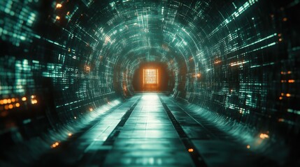 Futuristic data tunnel, glowing path, digital code walls, bright exit