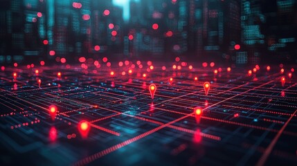 Fototapeta premium Futuristic cityscape with glowing network connections and location markers