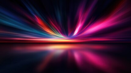 Vibrant abstract landscape with colorful light streaks reflecting on a calm water surface at sunset