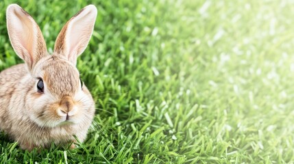 Obraz premium Brown Rabbit on Green Grass a Close Up View of a Bunny in a Lush Grassy Field.