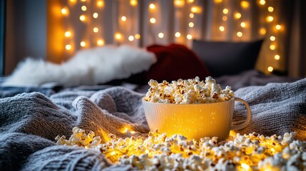 Cozy Atmosphere with Popcorn on a Soft Blanket and Fairy Lights