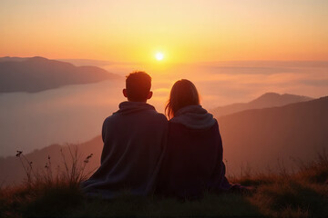 Silhouette of a loving couple embracing at sunset in the mountains